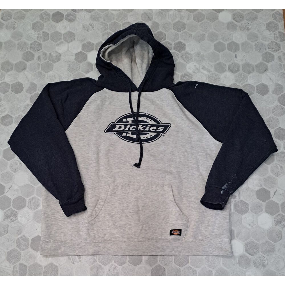 Vtg  Dickies Mens 2XL  Blue Grey Logo ‎ Hoodie Sweatshirt Thrashed Paint Stains